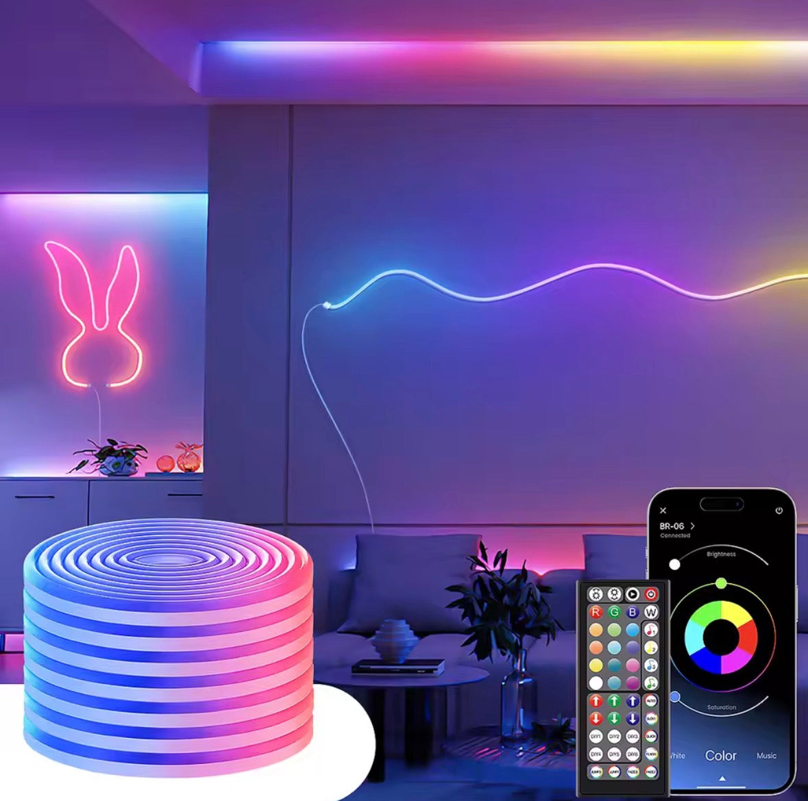 LED-Neon-Lichterkette mit App/Fernbedienung, 24 V, Musik-Synchronisierung, wasserdicht, flexibel