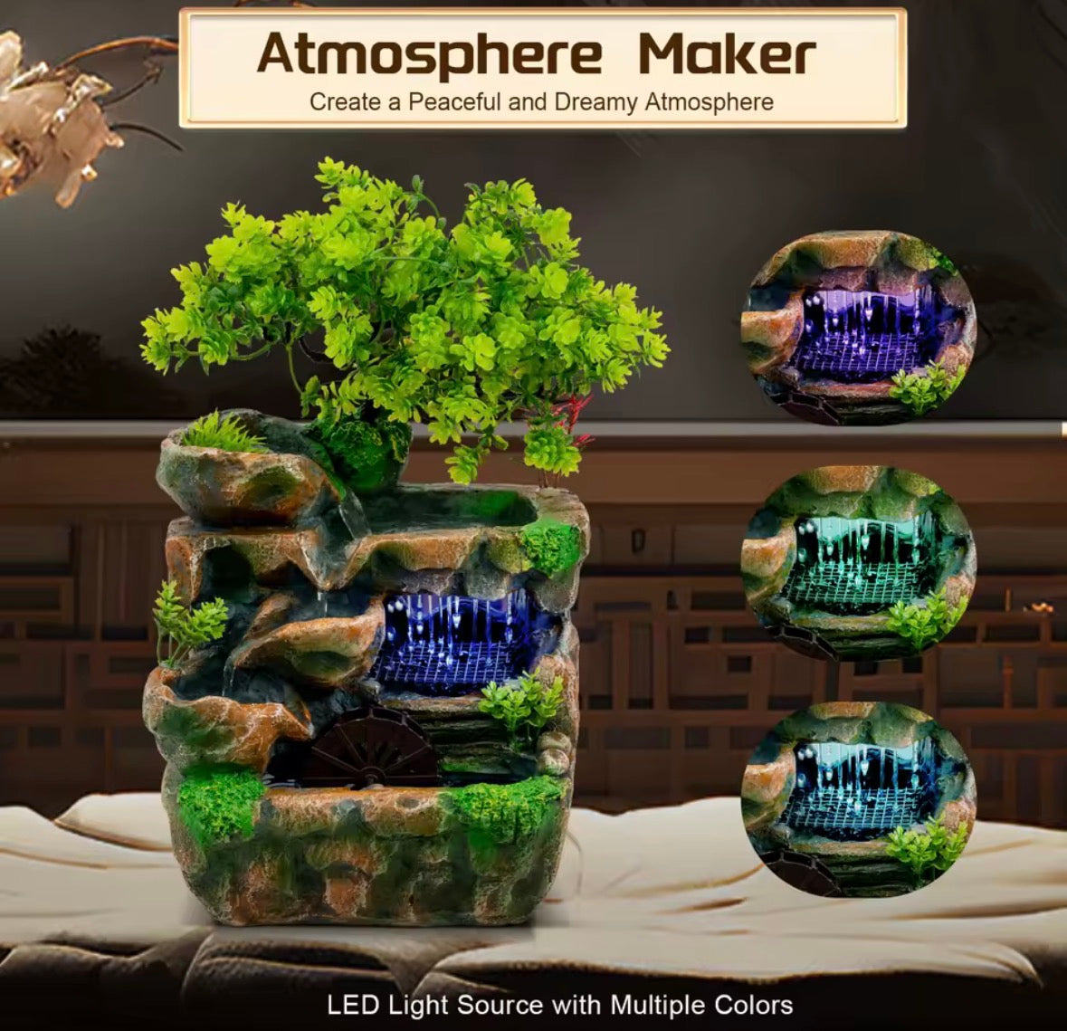 Wasserfall-Binnenbrunnen mit LED-Licht, grüner Pflanzen-Tischbrunnen
