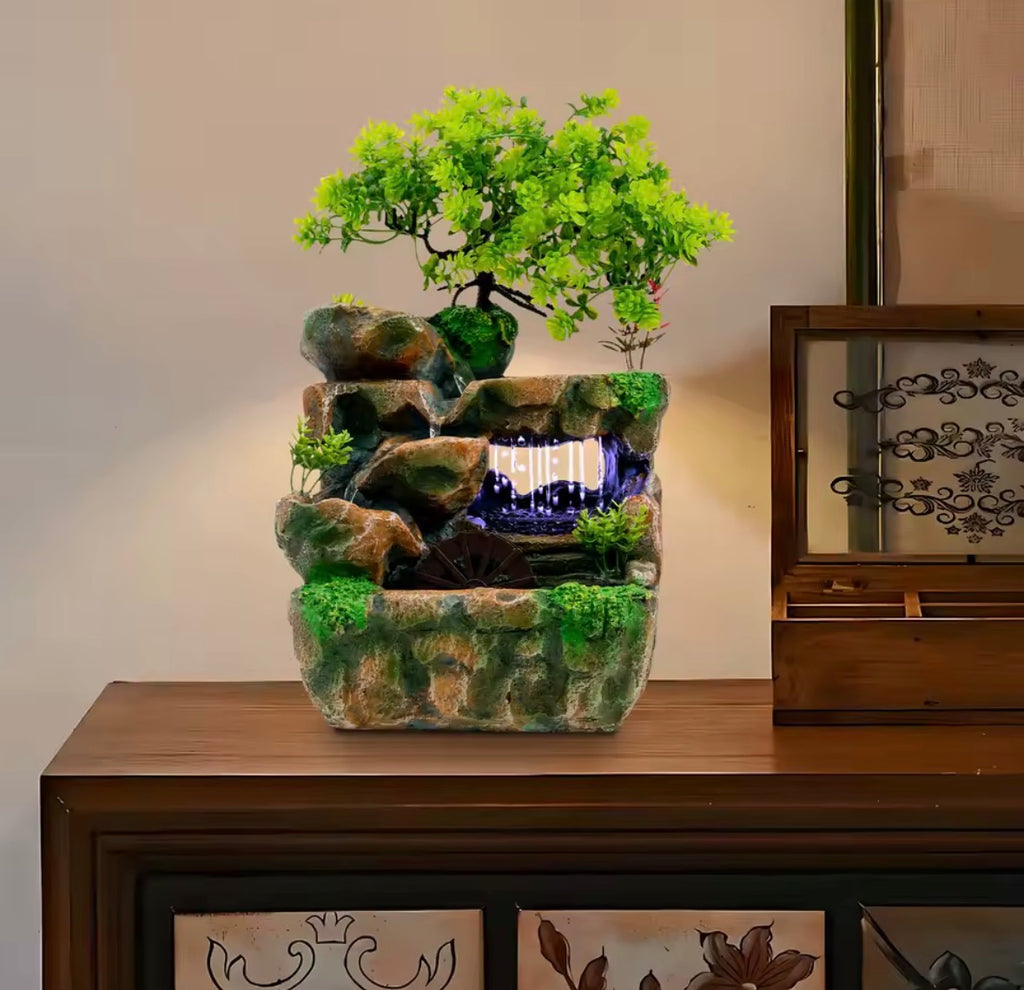 Wasserfall-Binnenbrunnen mit LED-Licht, grüner Pflanzen-Tischbrunnen