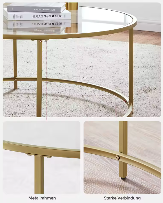 Couchtisch rund, Beistelltisch, Glastisch, Eisen-Gestell, Hartglas