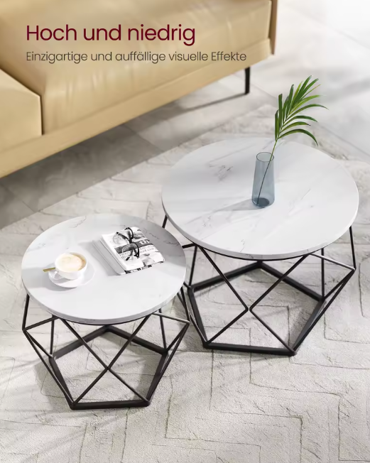 Couchtisch rund, 2er Set, Wohnzimmertisch, Beistelltisch, modern, abnehmbare Tischplatte
