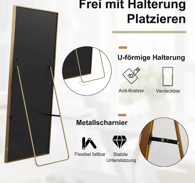 164–177 cm großer Ganzkörperspiegel, Standspiegel mit Metallrahmen